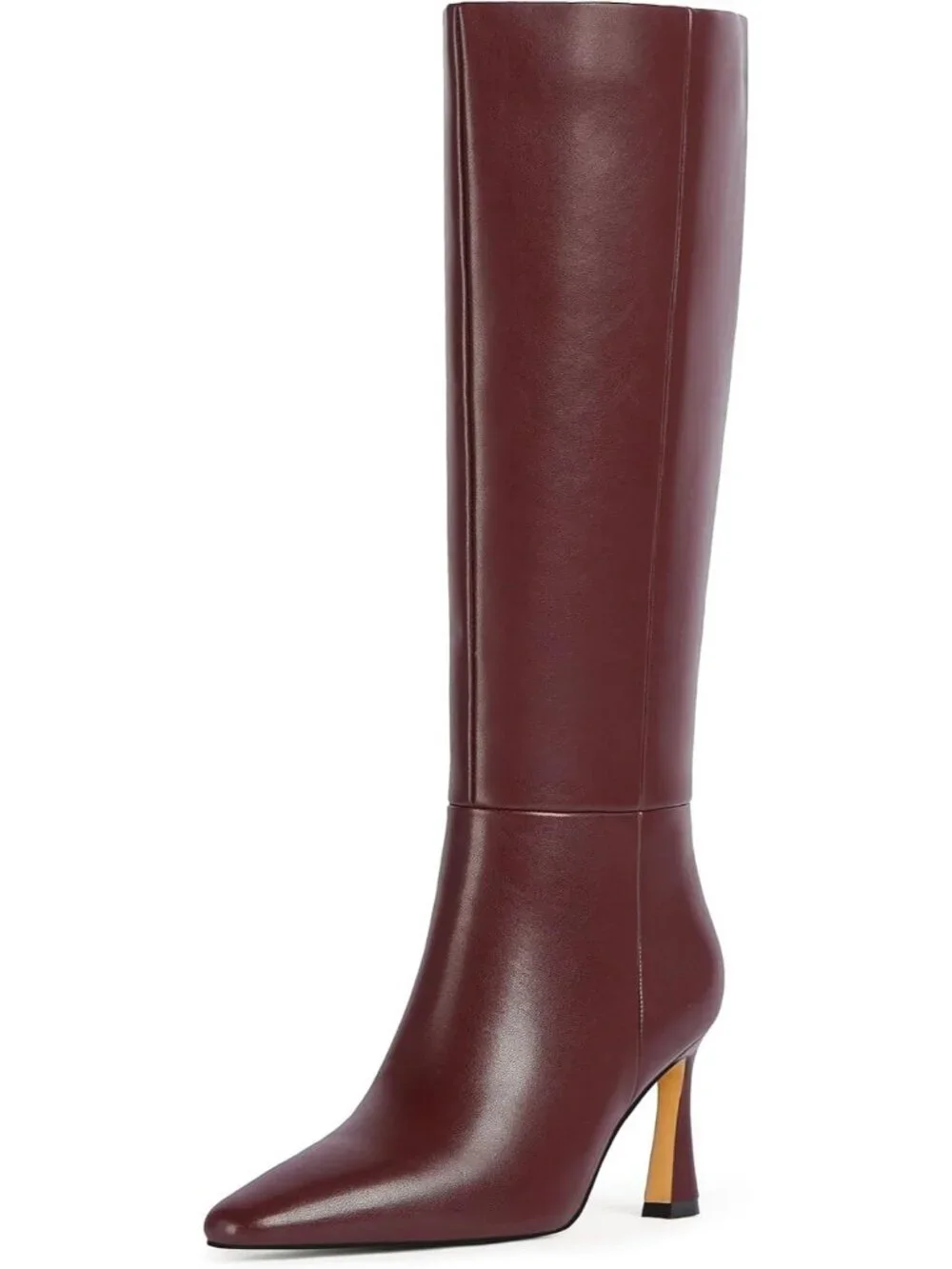 Women's Burgundy Faux Leather Square Toe Side Zipper Fashion Heeled Tall Boots